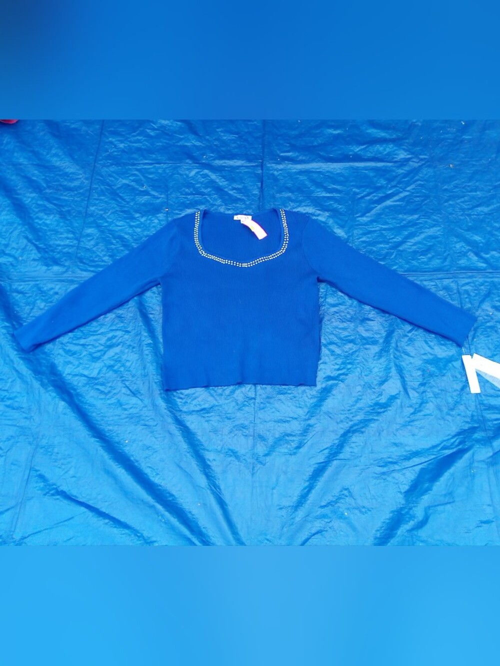Blue Women's Ribbed Long-Sleeve Sweater with Embellished Neckline